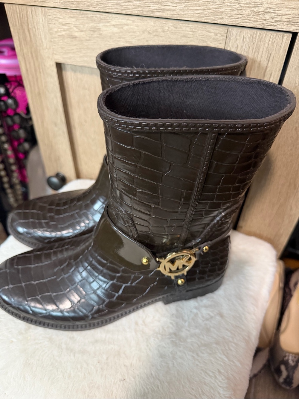 Michael Kors Dark Brown Croc-Embossed Leather Lace-Up Boots with Gold MK Accent - Picture 6 of 9